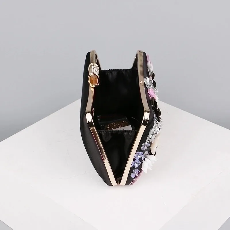 Blue Black Gold Pu Leather Flower Square Evening Bags