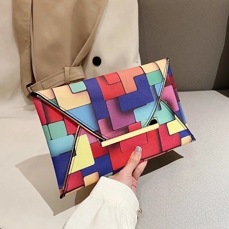 Colour Pu Leather Color Block Square Evening Bags
