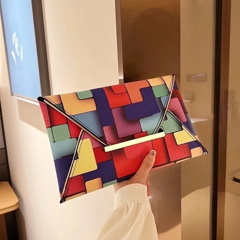 Colour Pu Leather Color Block Square Evening Bags