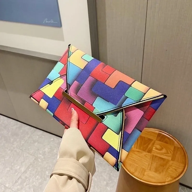 Colour Pu Leather Color Block Square Evening Bags