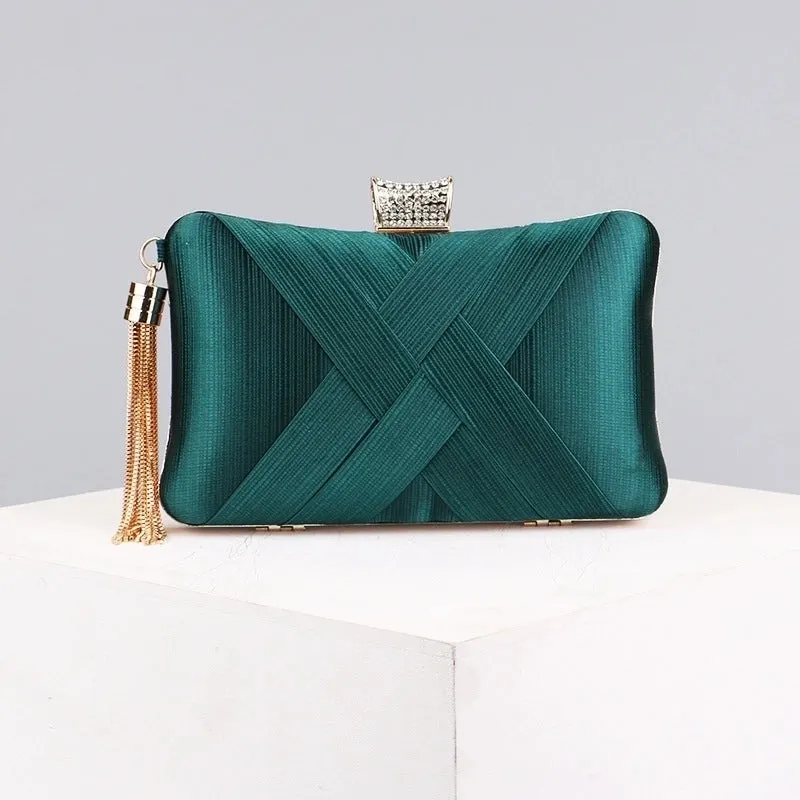 Green Black Gold Polyester Satin Solid Color Rhinestone Pillow Shape Evening Bags