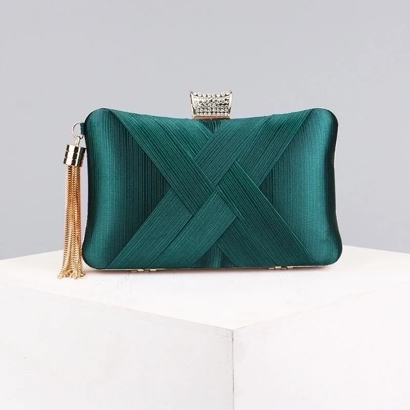 Green Black Gold Polyester Satin Solid Color Rhinestone Pillow Shape Evening Bags