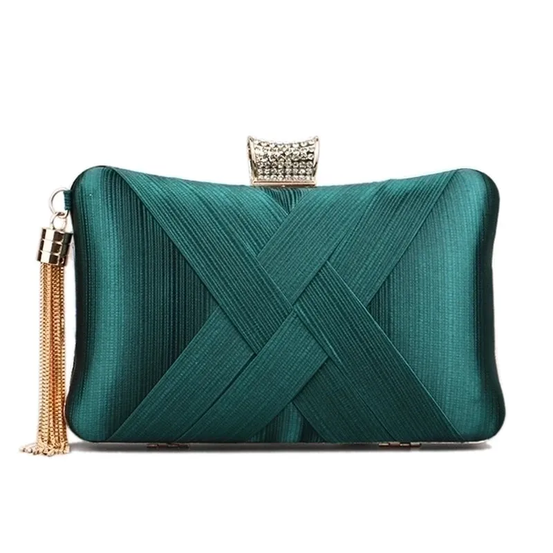 Green Black Gold Polyester Satin Solid Color Rhinestone Pillow Shape Evening Bags
