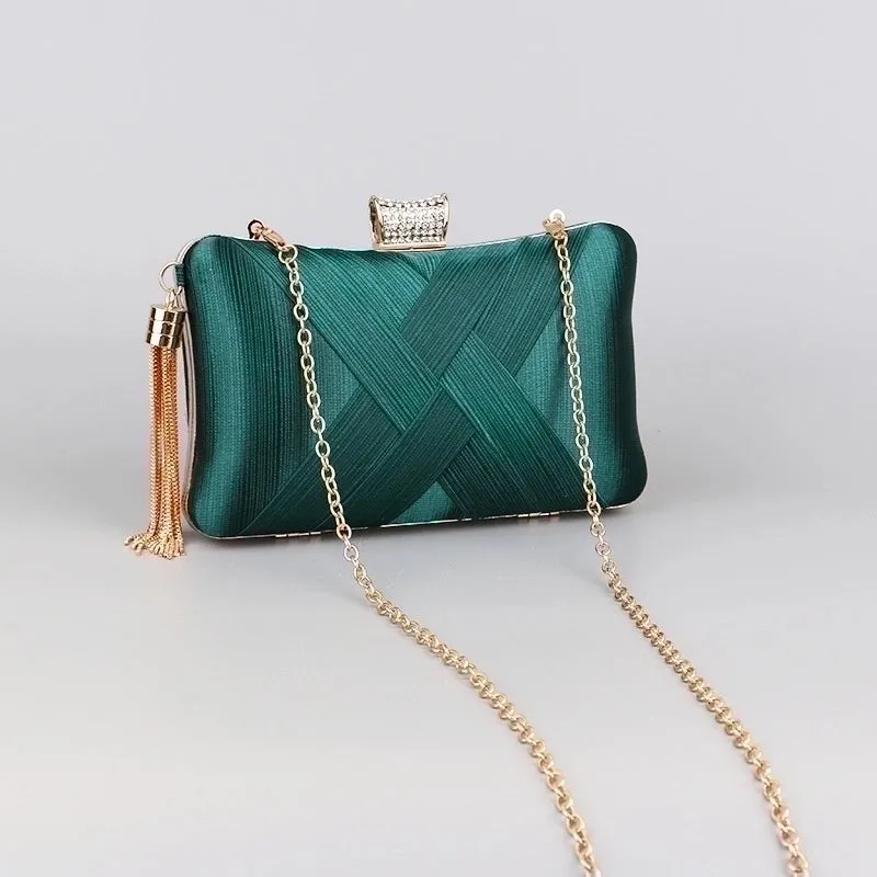 Green Black Gold Polyester Satin Solid Color Rhinestone Pillow Shape Evening Bags