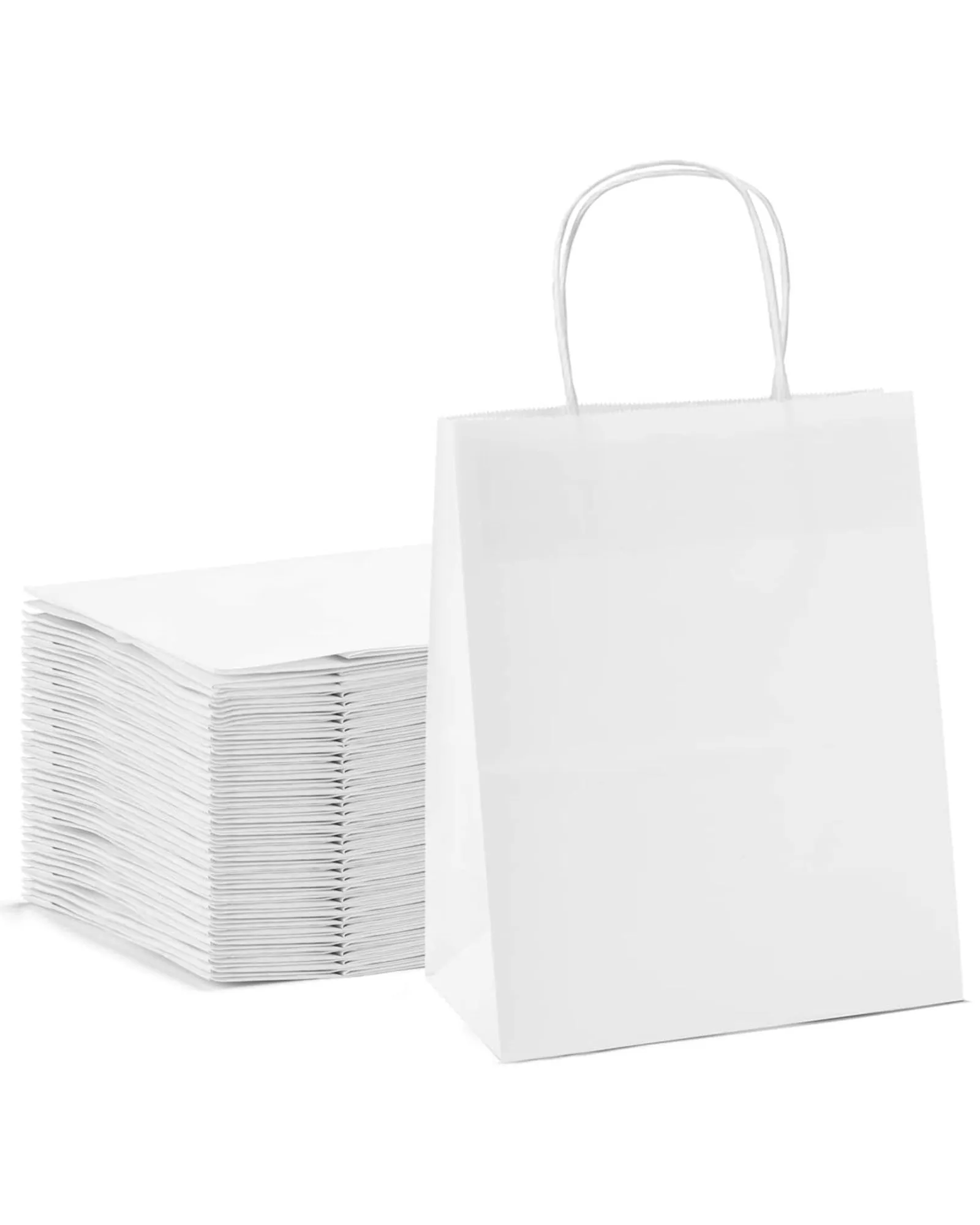 Kraft Paper Gift Bags with Handle 8" x 4" x 10"- White Bulk Pack