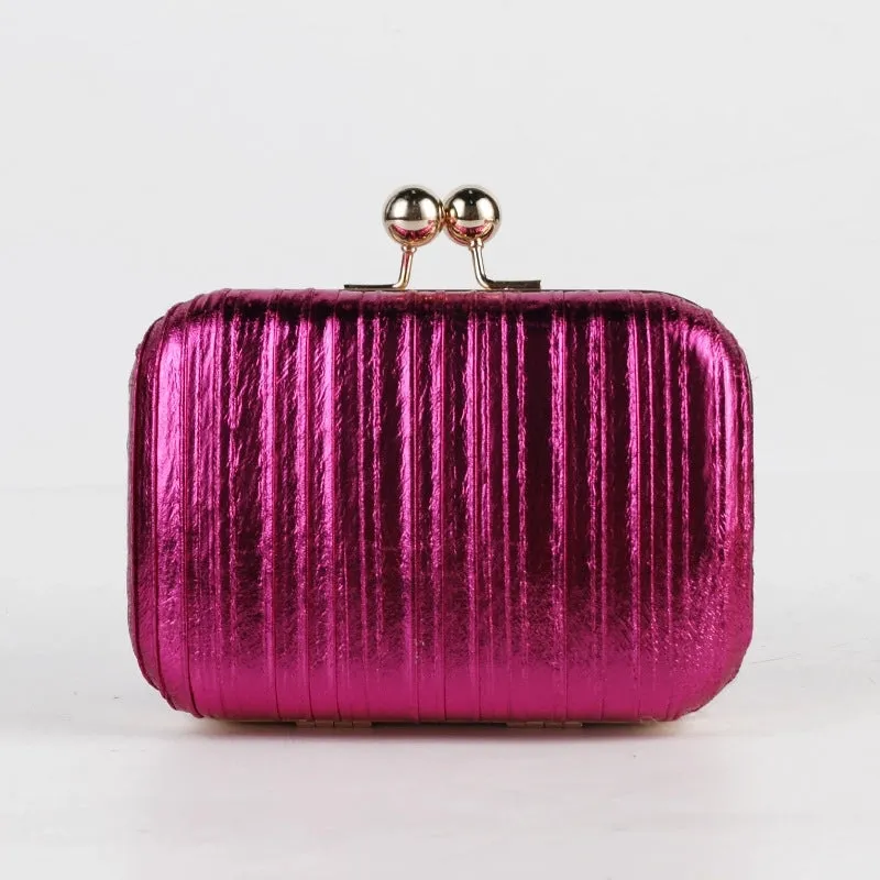 Red Purple Black Pleated Pu Metal Solid Color Square Evening Bags