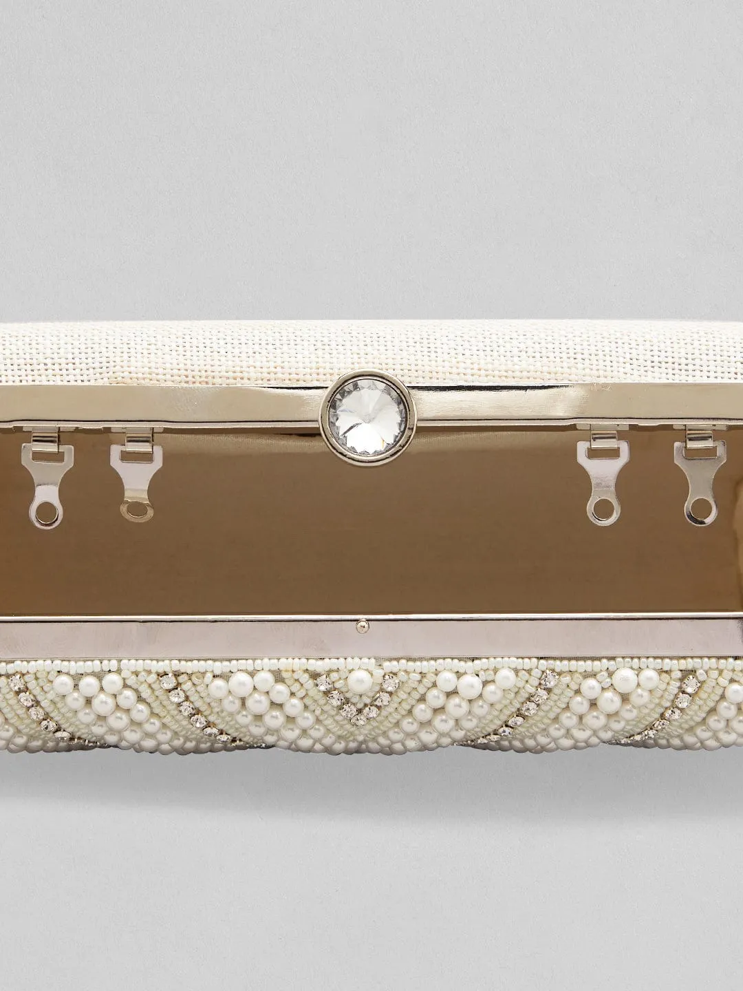 Rubans White And Cream Colour Box Clutch Sling Bag With Pearls And Embroided Design.