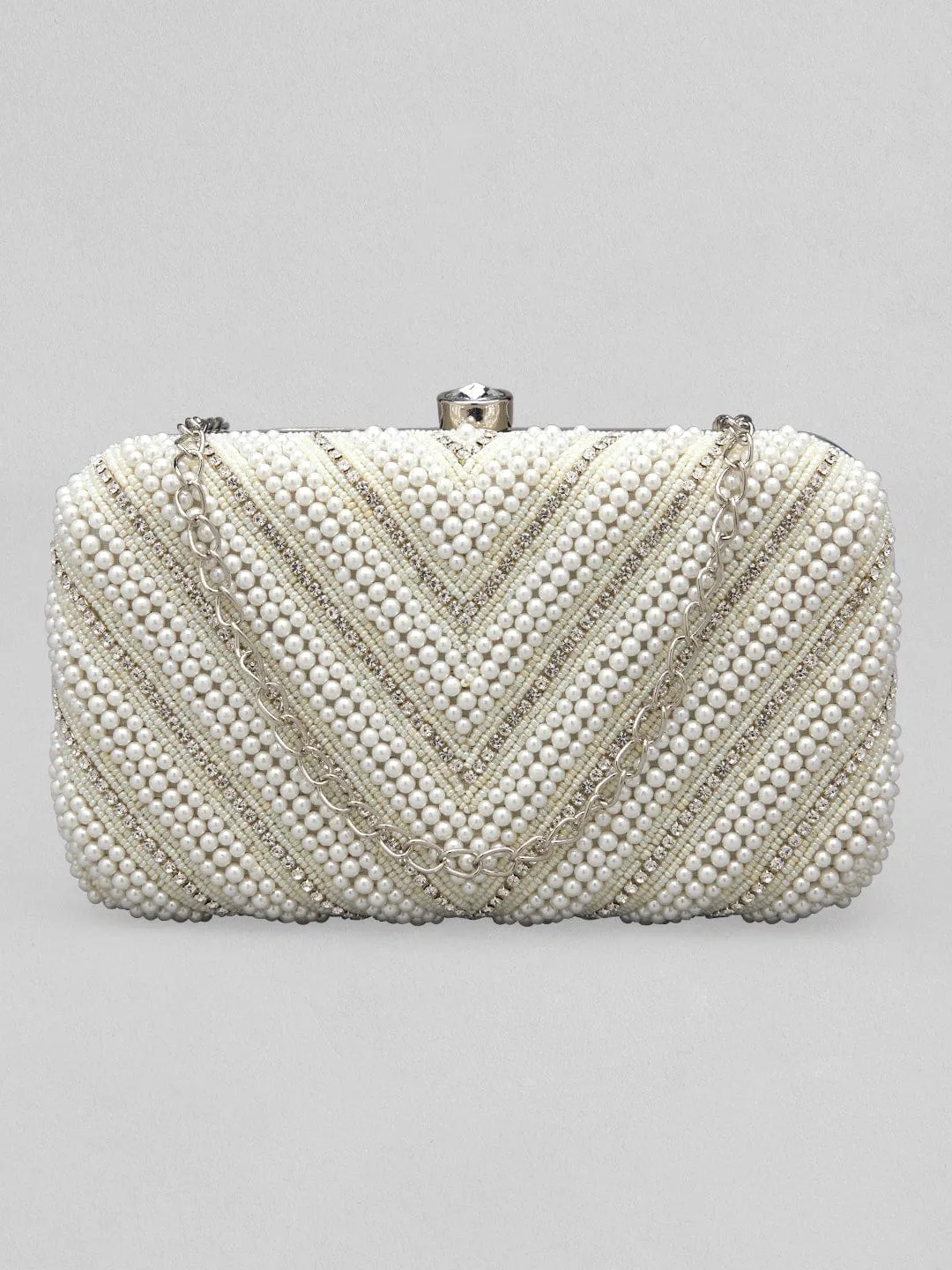 Rubans White And Cream Colour Box Clutch Sling Bag With Pearls And Embroided Design.
