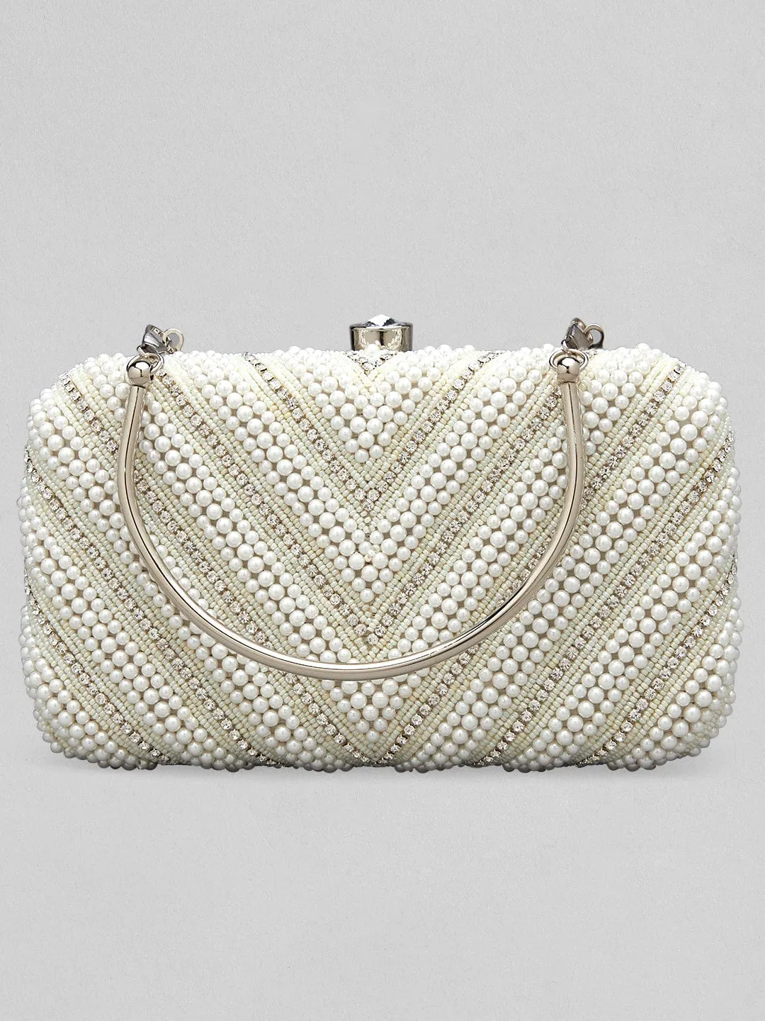 Rubans White And Cream Colour Box Clutch Sling Bag With Pearls And Embroided Design.