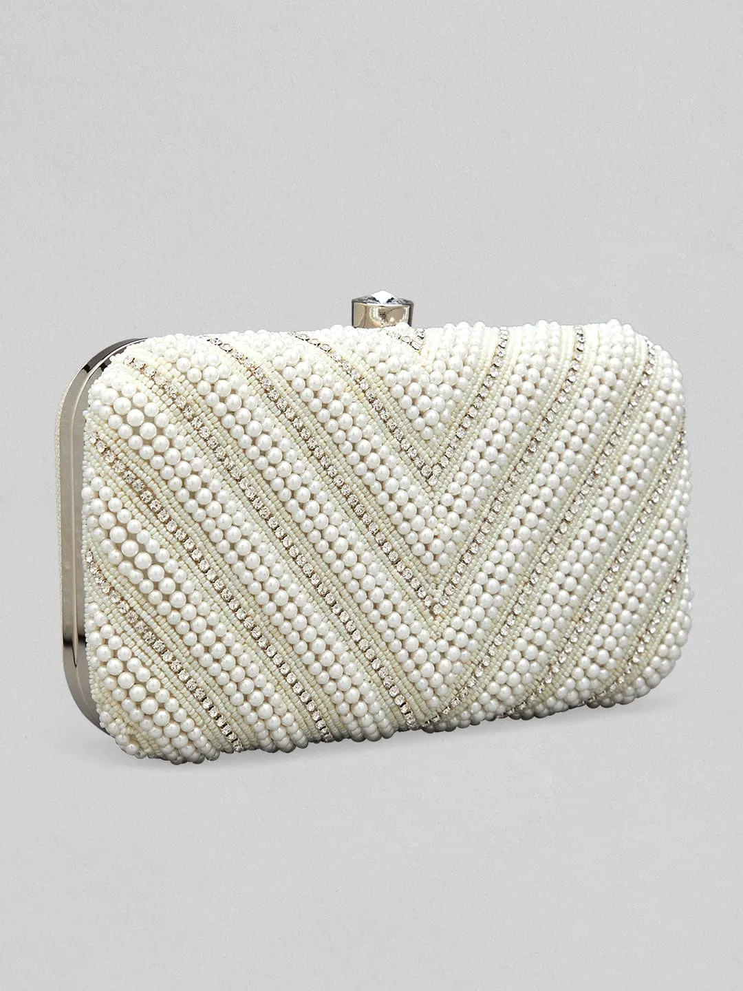 Rubans White And Cream Colour Box Clutch Sling Bag With Pearls And Embroided Design.