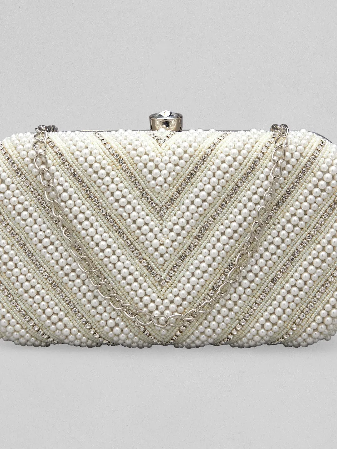Rubans White And Cream Colour Box Clutch Sling Bag With Pearls And Embroided Design.